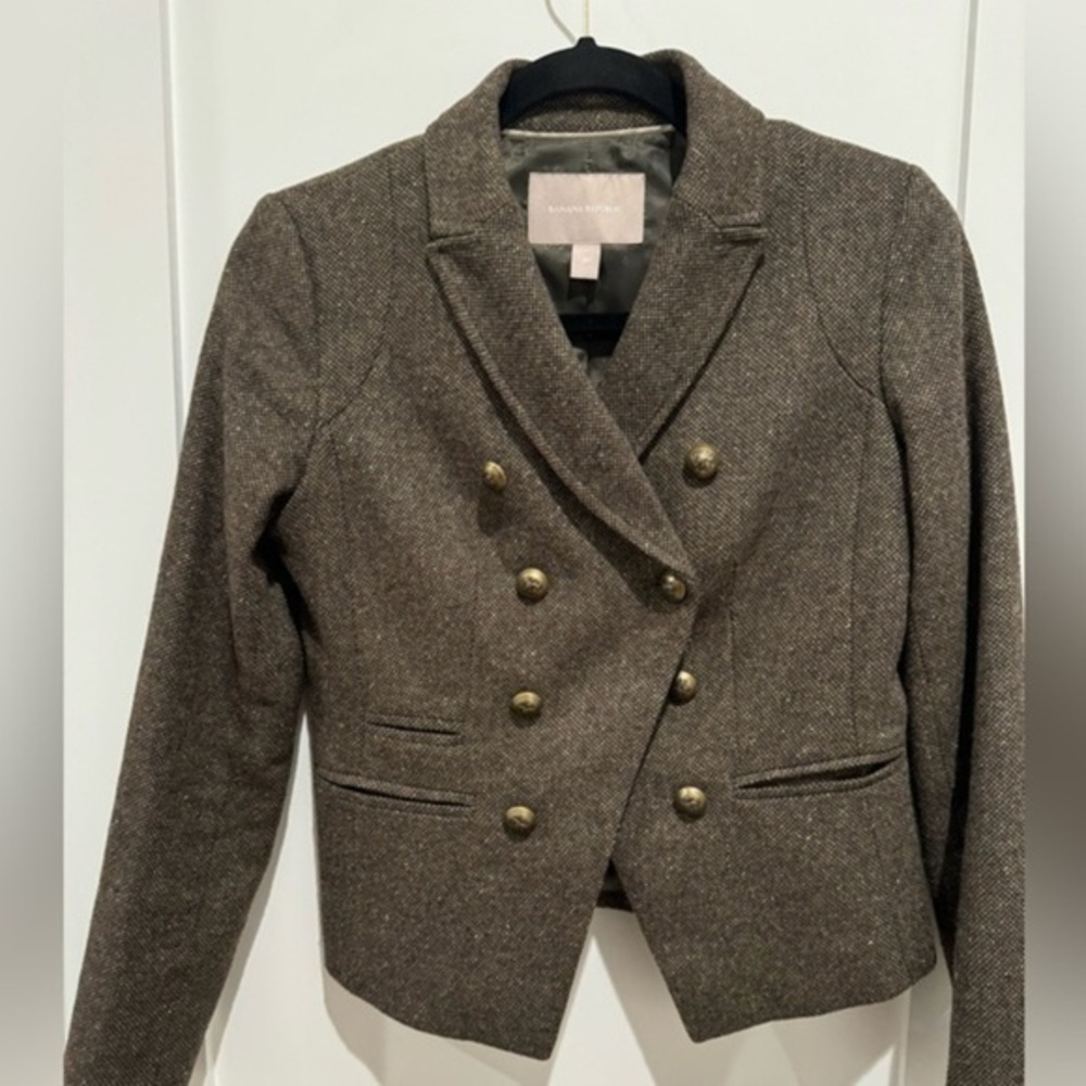 Banana Republic Tweed Military Style Brown/Olive Blazer size 2P old money D